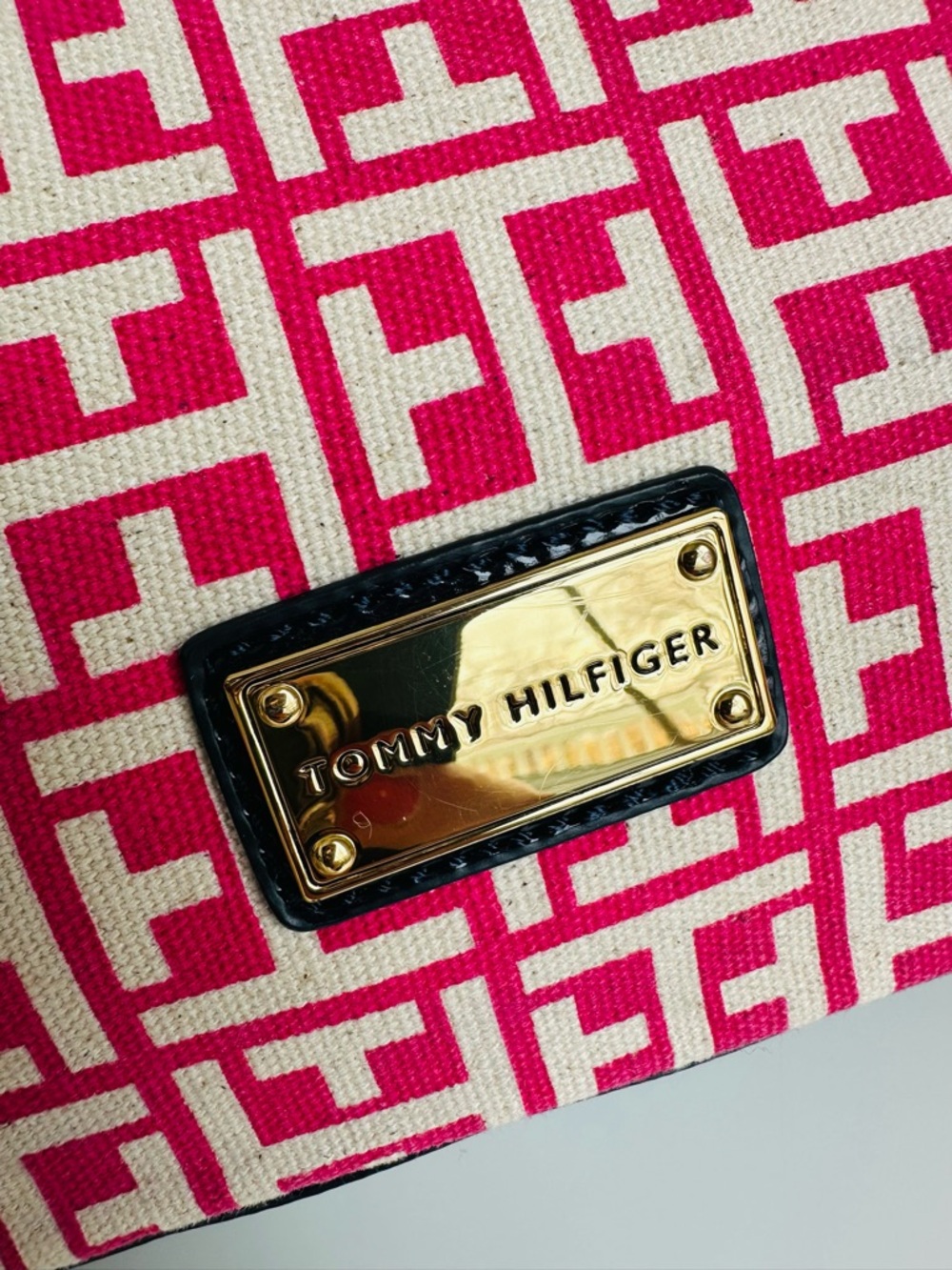 Tommy Hilfiger |  Hot Pink Canvas Patterned Satchel with Black Patent Handles - Picture 8 of 11